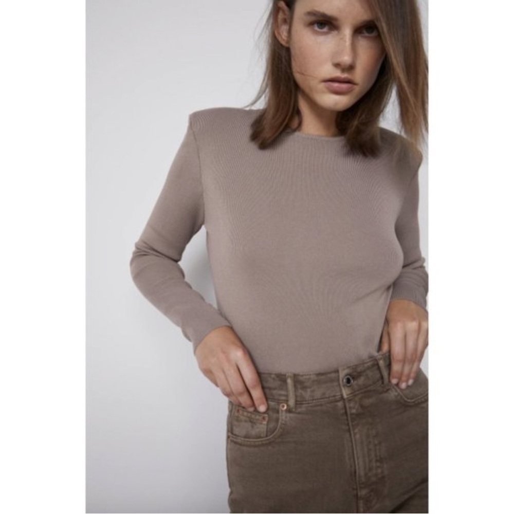 Zara Taupe Long Sleeve Shoulder Pad Slim Ribbed Knit Sweater